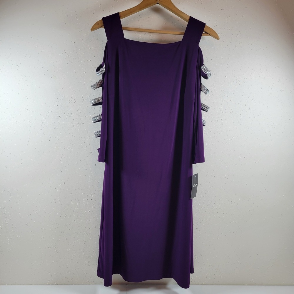 NWT MSK Cold Shoulder Dress Women Medium Purple Rhinestone Ladder Sleeve Sheath